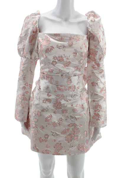 Madelene Simon Womens Beige Floral Mini Dress Square Neck Long Sleeve Size M