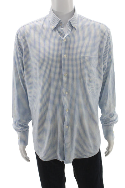Peter Millar Men's Button front Pocket Checkered Long Sleeved Shirt Blue  Size L