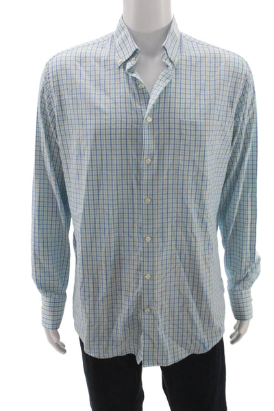 Peter Millar Men's Button front Pocket Checkered Long Sleeved Shirt Blue  Size L
