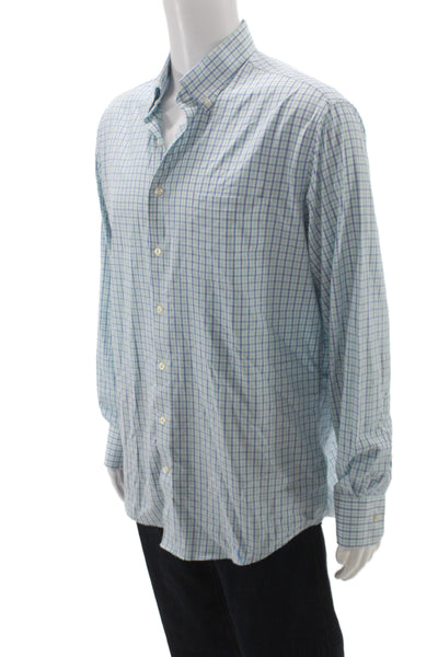 Peter Millar Men's Button front Pocket Checkered Long Sleeved Shirt Blue  Size L