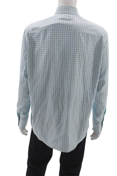 Peter Millar Men's Button front Pocket Checkered Long Sleeved Shirt Blue  Size L
