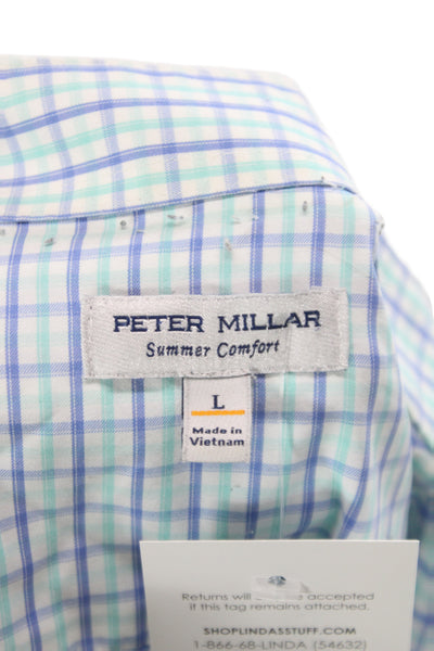 Peter Millar Men's Button front Pocket Checkered Long Sleeved Shirt Blue  Size L