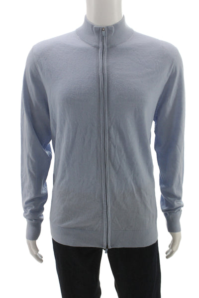 Patrick Assaraf Men Full Zip Merino Mock Neck Light Blue Sweater Size XL