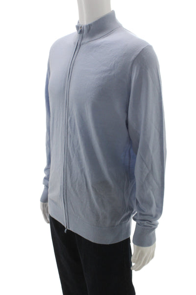 Patrick Assaraf Men Full Zip Merino Mock Neck Light Blue Sweater Size XL