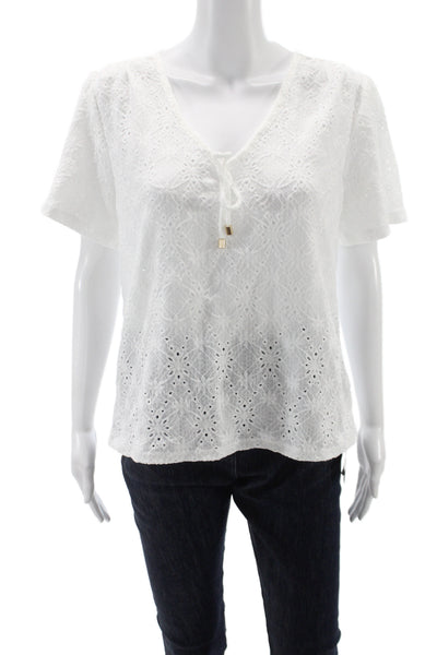 Michael Michael Kors Women White V Neck Short Sleeve Blouse Beach Size M