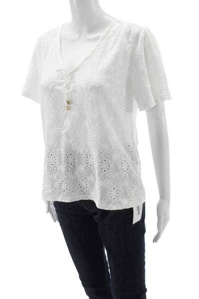 Michael Michael Kors Women White V Neck Short Sleeve Blouse Beach Size M