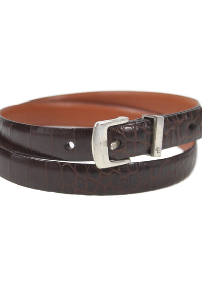 Lauren Ralph Lauren Womens Leather Crocodile Print Skinny Belt Brown Size Large