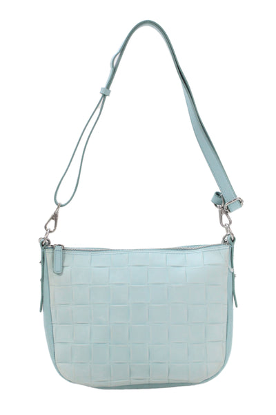 Fossil Womens Leather Woven Print Silver Tone Shoulder Handbag Sky Blue