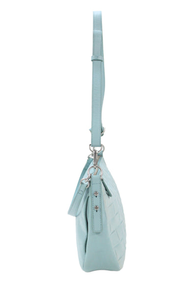 Fossil Womens Leather Woven Print Silver Tone Shoulder Handbag Sky Blue