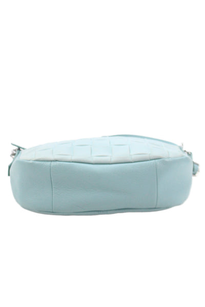 Fossil Womens Leather Woven Print Silver Tone Shoulder Handbag Sky Blue