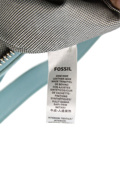 Fossil Womens Leather Woven Print Silver Tone Shoulder Handbag Sky Blue
