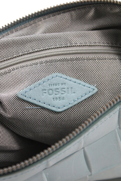Fossil Womens Leather Woven Print Silver Tone Shoulder Handbag Sky Blue