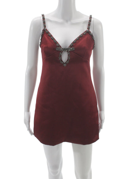 Self Portrait Womens Red Mini Slip Dress V Neck Zip Above Knee Size 0