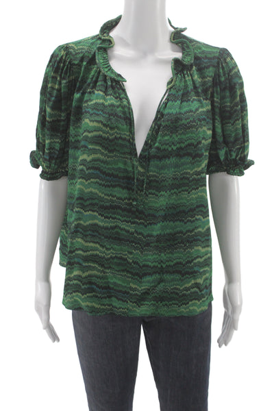 Ulla Johnson Womens Tunic Blouse Green Short Sleeve Boho 100% Cotton Size 12