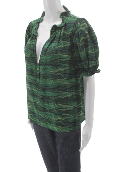 Ulla Johnson Womens Tunic Blouse Green Short Sleeve Boho 100% Cotton Size 12