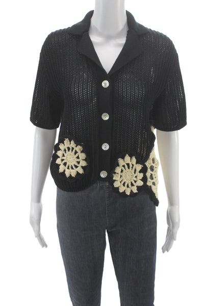 Zara Unisex Cardigan Black Collared Short Sleeve Cotton Bohemian Size L