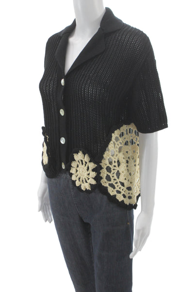 Zara Unisex Cardigan Black Collared Short Sleeve Cotton Bohemian Size L