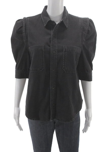 Frame Women Black Collared Cotton Button-Up 3/4 Sleeve 80s Size M