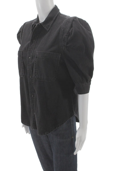 Frame Women Black Collared Cotton Button-Up 3/4 Sleeve 80s Size M