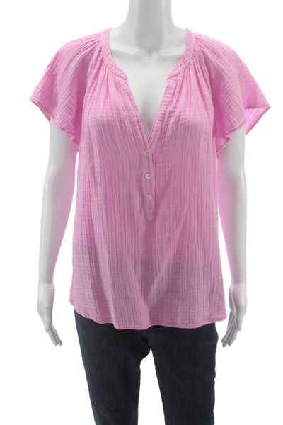 Xirena Women Pink V-Neck Tunic Blouse Short Sleeve Cotton Size L