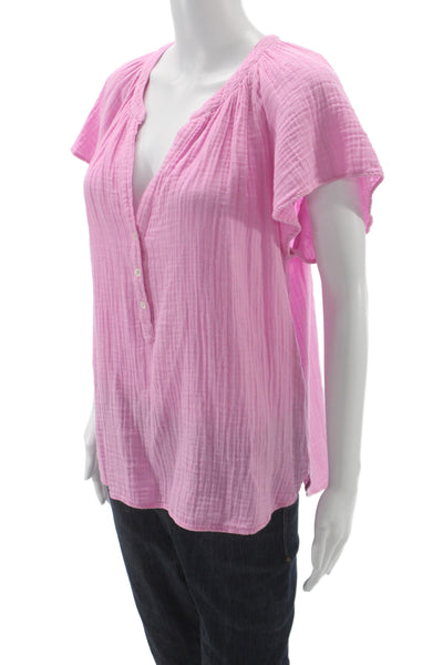 Xirena Women Pink V-Neck Tunic Blouse Short Sleeve Cotton Size L