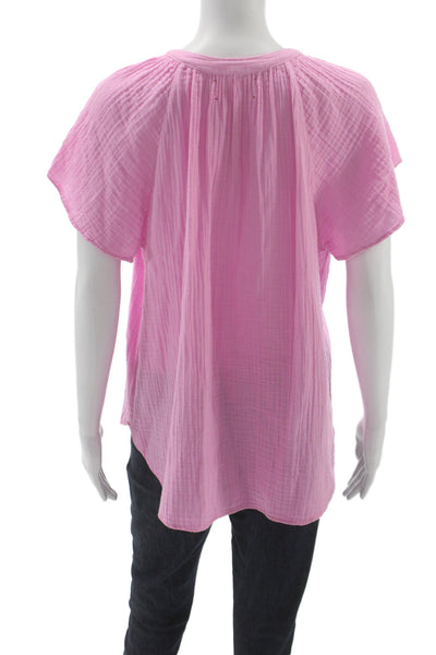 Xirena Women Pink V-Neck Tunic Blouse Short Sleeve Cotton Size L