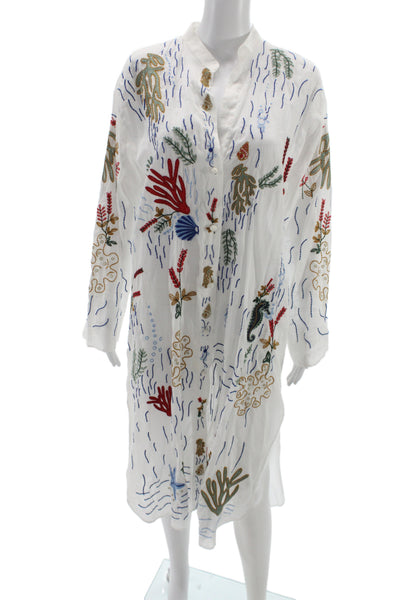 Zara Women Kaftan Shirt Dress White Cotton Long Sleeve High Neck Button Size M