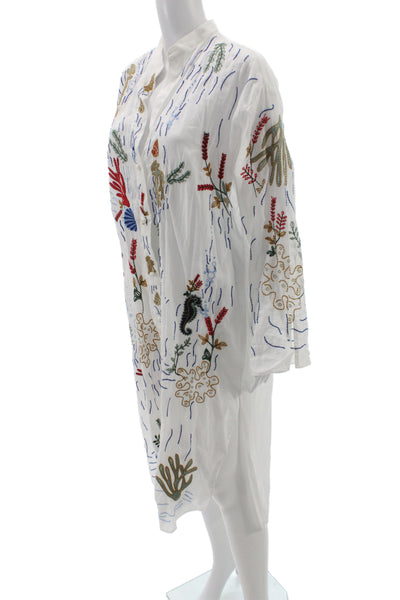 Zara Women Kaftan Shirt Dress White Cotton Long Sleeve High Neck Button Size M