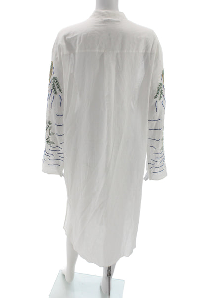 Zara Women Kaftan Shirt Dress White Cotton Long Sleeve High Neck Button Size M