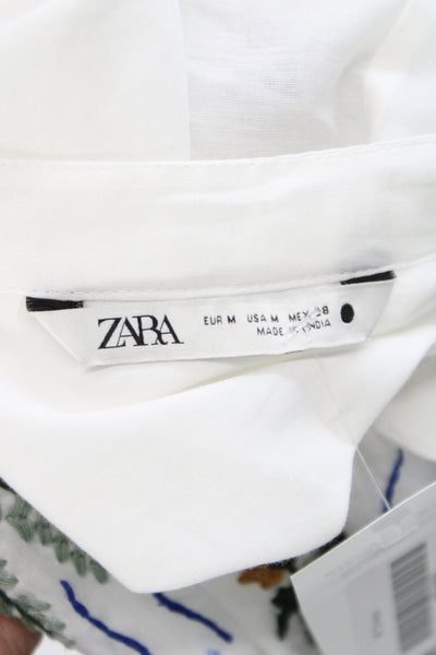Zara Women Kaftan Shirt Dress White Cotton Long Sleeve High Neck Button Size M