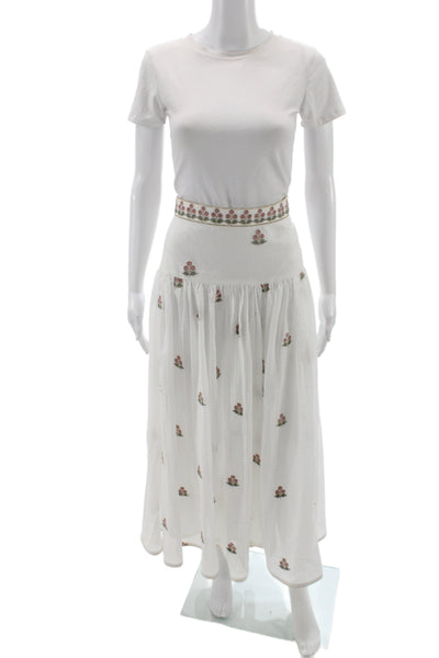 Rosewater House Women Peasant Maxi Skirt White Floral Cotton Long Size L