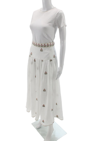 Rosewater House Women Peasant Maxi Skirt White Floral Cotton Long Size L