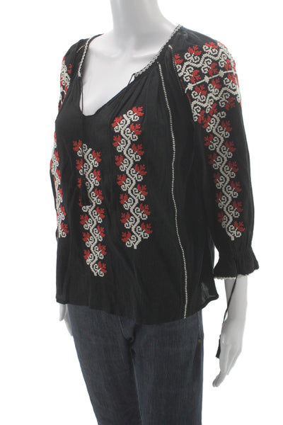 Ulla Johnson Women Tunic Black V-Neck Geometric 3/4 Sleeve Boho Size 4