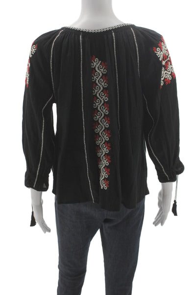 Ulla Johnson Women Tunic Black V-Neck Geometric 3/4 Sleeve Boho Size 4