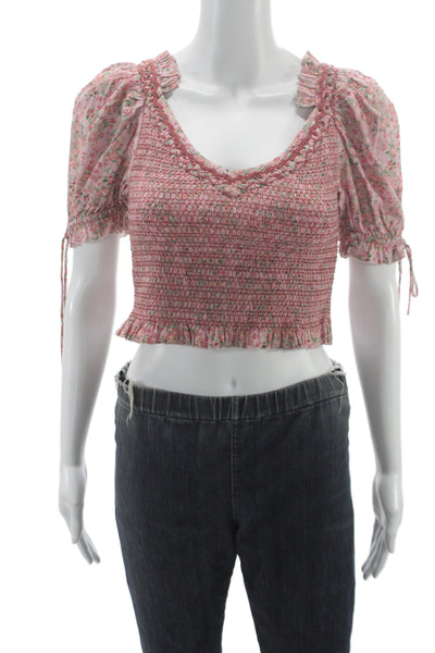 Love Shack Fancy Womens Cropped Floral V Neck Blouse Pink Short Sleeve Size S