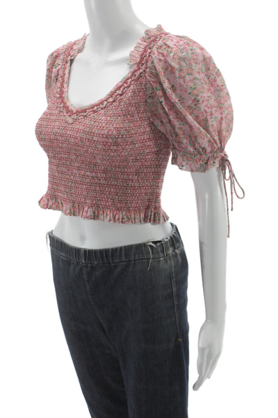 Love Shack Fancy Womens Cropped Floral V Neck Blouse Pink Short Sleeve Size S