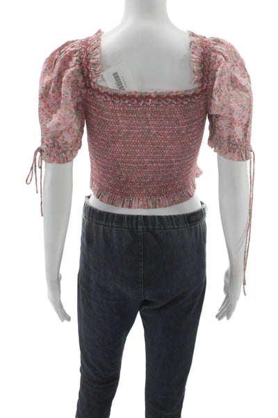 Love Shack Fancy Womens Cropped Floral V Neck Blouse Pink Short Sleeve Size S