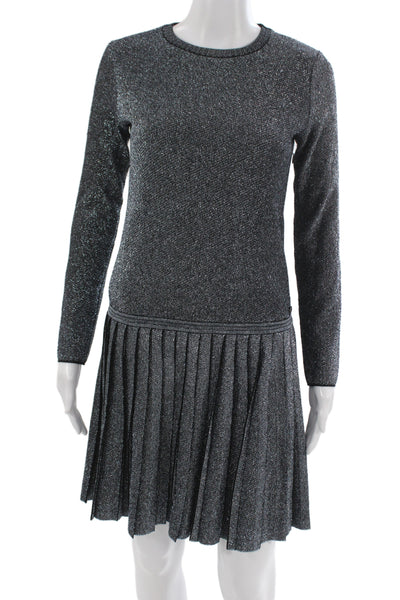 Chanel Women Dark Gray Sweater Dress Long Sleeve Crew Neck Button Size 38