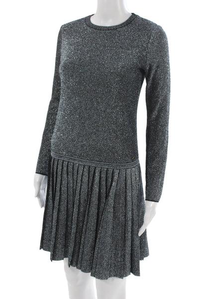 Chanel Women Dark Gray Sweater Dress Long Sleeve Crew Neck Button Size 38