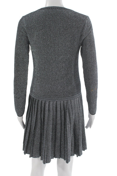 Chanel Women Dark Gray Sweater Dress Long Sleeve Crew Neck Button Size 38