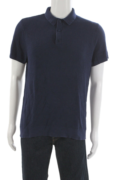 ONIA Mens Short Sleeve Collared Knit Polo Shirt Navy Blue Cotton Size Medium