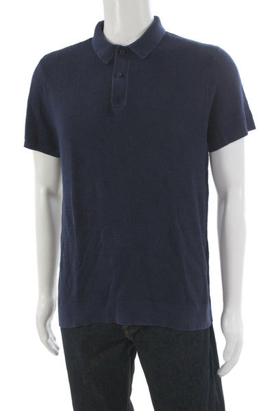 ONIA Mens Short Sleeve Collared Knit Polo Shirt Navy Blue Cotton Size Medium