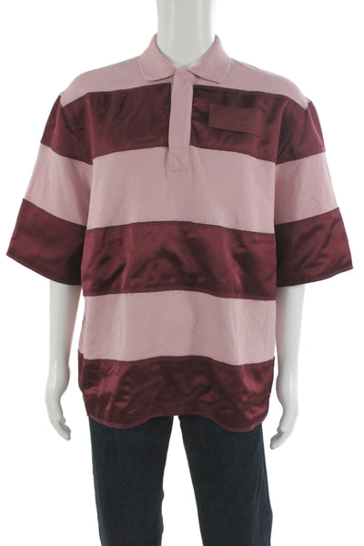 AMI Mens Short Sleeve Collared Logo Striped Polo Shirt Pink Burgundy Size Large