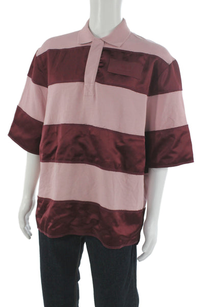 AMI Mens Short Sleeve Collared Logo Striped Polo Shirt Pink Burgundy Size Large