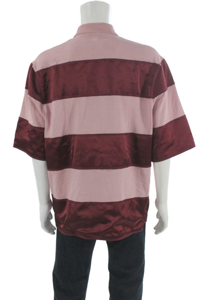 AMI Mens Short Sleeve Collared Logo Striped Polo Shirt Pink Burgundy Size Large