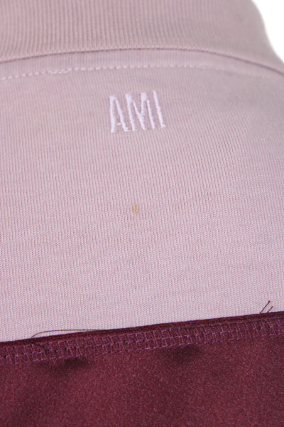 AMI Mens Short Sleeve Collared Logo Striped Polo Shirt Pink Burgundy Size Large