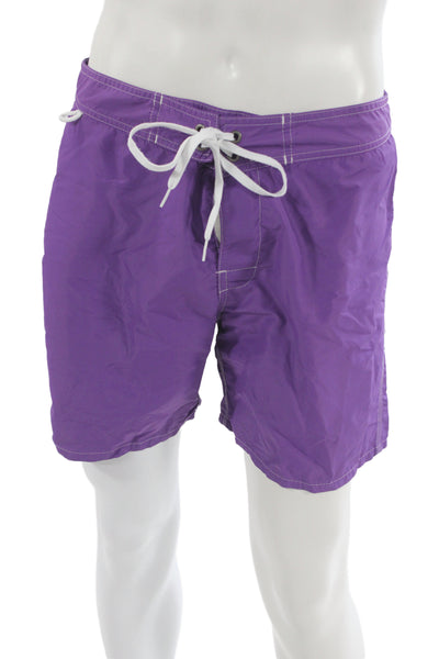 Sundek Mens Double Drawstring Striped Trim Swim Trunks Purple Size 32