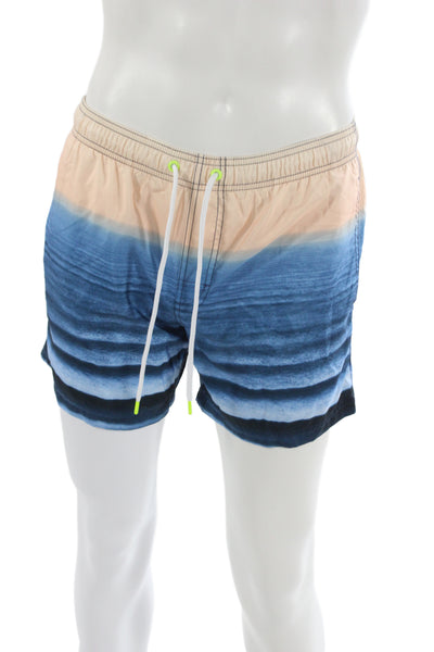 Sundek Mens Drawstring Striped Beach Printed Swim Trunks Blue Beige Size Medium