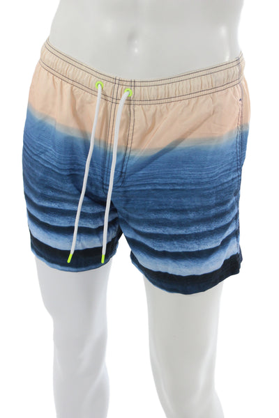 Sundek Mens Drawstring Striped Beach Printed Swim Trunks Blue Beige Size Medium