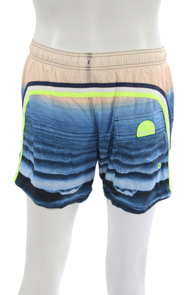 Sundek Mens Drawstring Striped Beach Printed Swim Trunks Blue Beige Size Medium